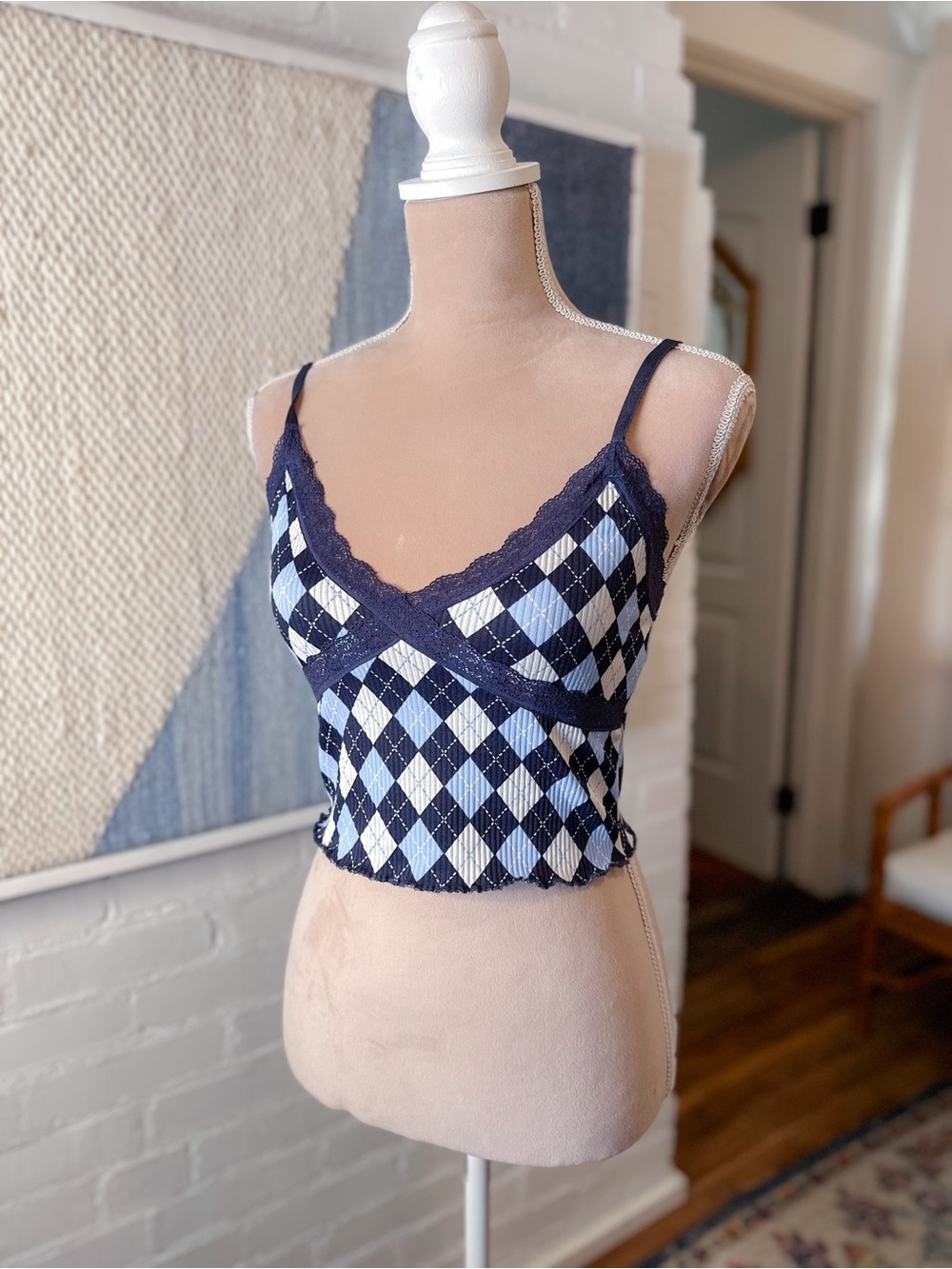 Divided Blue and White Argyle Lacey Crop Top with Adjustable Straps
